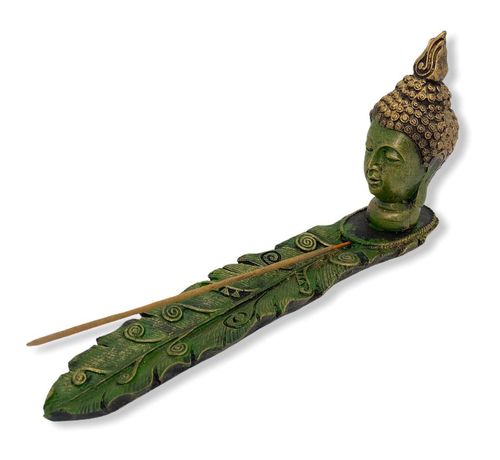 Incensário régua Buda cabeça canoa verde 23 cm em resina