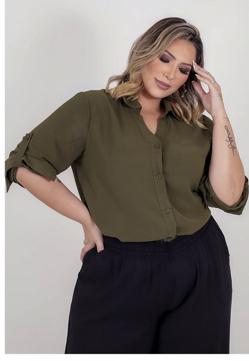Camisa Crepe Feminina Lisa Plus Size Sob+ Verde Militar