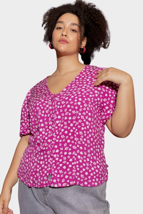 Blusa Estampada Allmaria Plus Size Tal Qual Decote V Pink