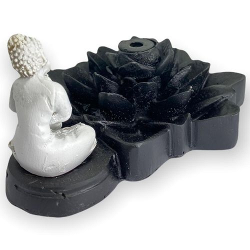Incensário cascata Flor de Lotus pontudo Buda ajoelhado preto e branco 7 cm em resina - 47202