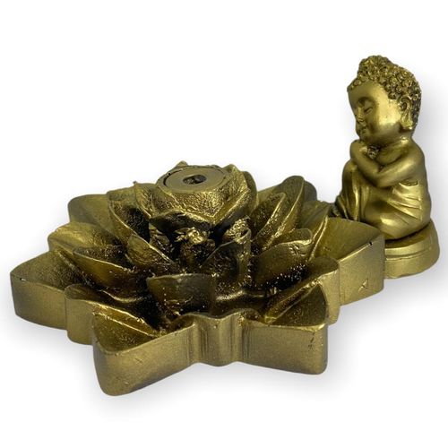 Incensário cascata Flor de Lotus pontudo Buda sonhador dourado 7 cm em resina - 47200