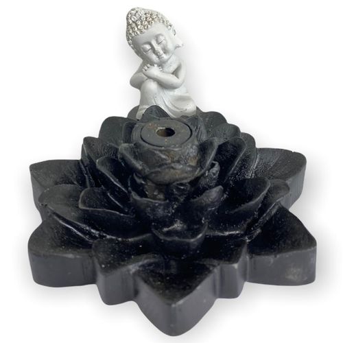 Incensário cascata Flor de Lotus pontudo Buda sonhador preto e branco 7 cm em resina - 47200