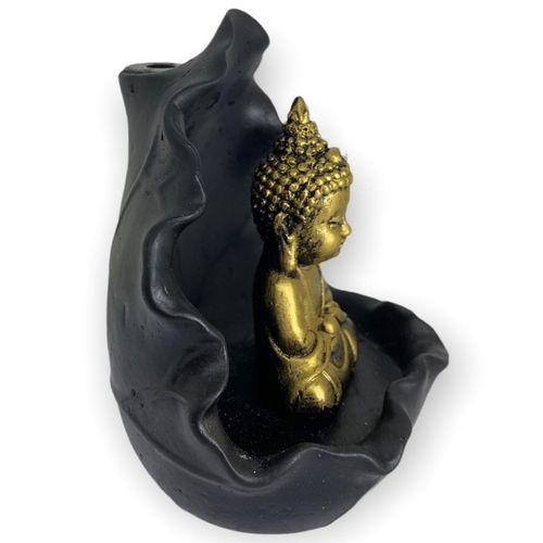 Incensário cascata Gruta Folha Buda Tibetano dourado e preto 11 cm em resina - 47187