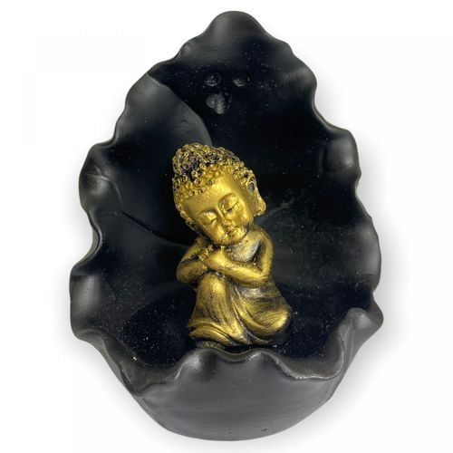 Incensário cascata Gruta Folha Buda Sonhador Dourado e preto 11 cm em resina - 47188